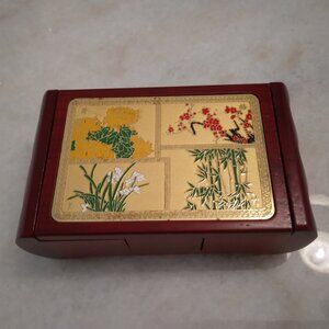 ASIAN WOODEN VINTAGE TRINKET JEWELRY ENAMEL FLOWERS BAMBOO ROSEWOOD BOX
